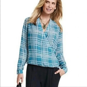 CAbi Women's Medium Windowpane Faux Wrap Long Sleeve Blouse Teal Blue Cream 3068